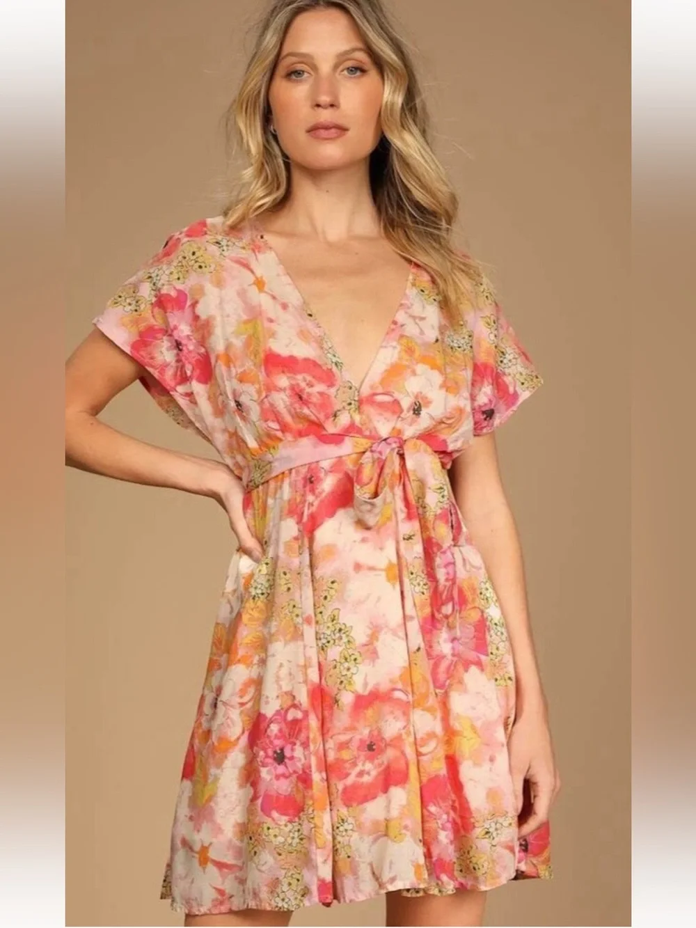 Free People Freddy tie mini dress small Fruit Punch Combo pink print NWT